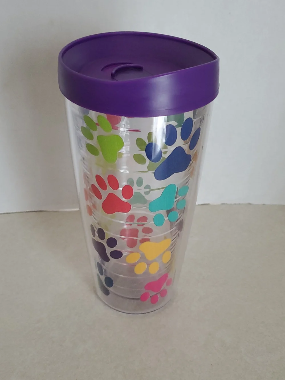 Purple-Lid Paw Print Travel Tumbler
